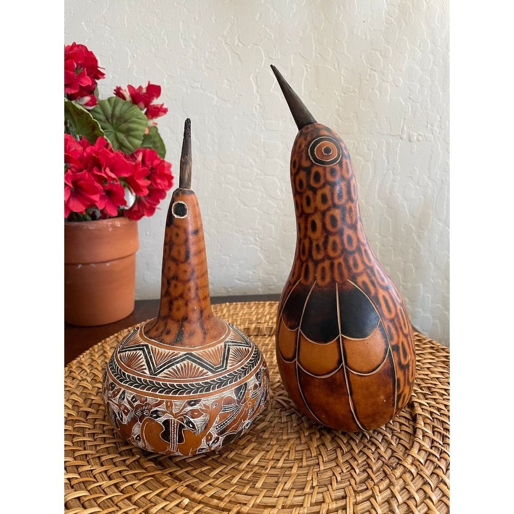 PAIR Folk Art Hand Carved Painted BIRD GOURDS Peruvian ?  LOT of TWO